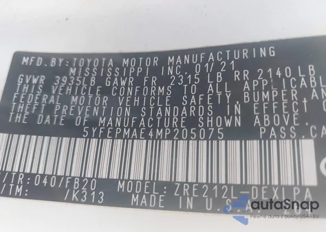 2021 Toyota Corolla Le из США, поврежденный, VIN 5YFEPMAE4MP205075